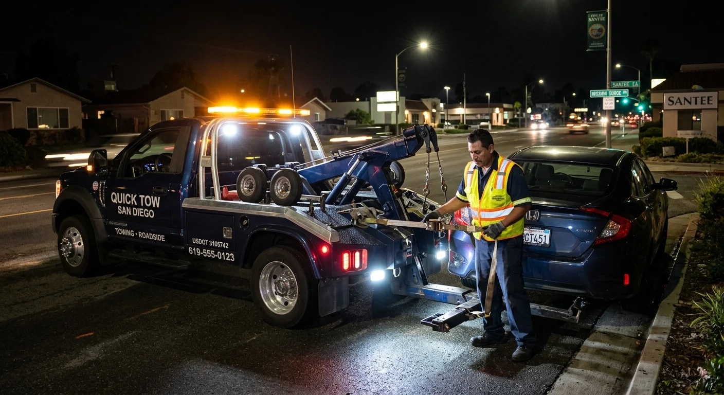 A Quick Tow San Diego tow truck with its lights on at night, pulled up behind a stranded car on a street clearly identifiable as being in Santee, CA.