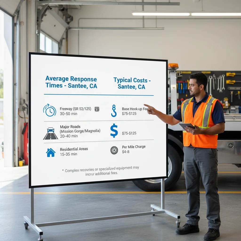 Infographic detailing average tow truck response times in Santee by location type and typical emergency towing costs based on service type and distance.