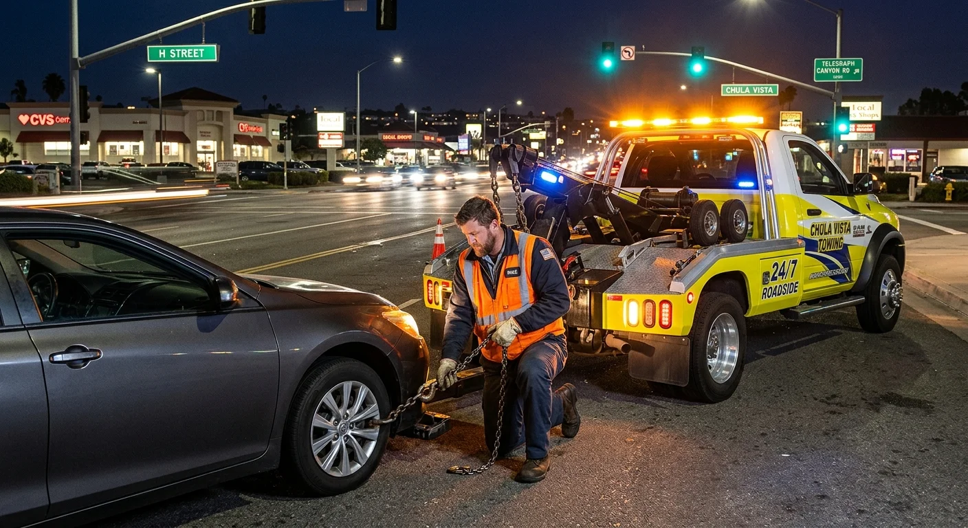 A tow truck with flashing lights safely assisting a stranded car at night on H Street in Chula Vista.