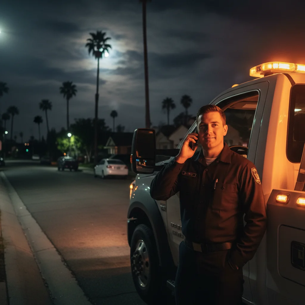 A tow truck driver on the phone with a dispatcher beside a tow truck cab on a San Diego street at night.