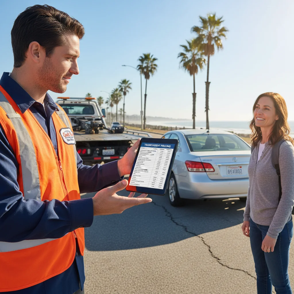 A Quick Tow San Diego driver shows a motorist a transparent price quote on a tablet.