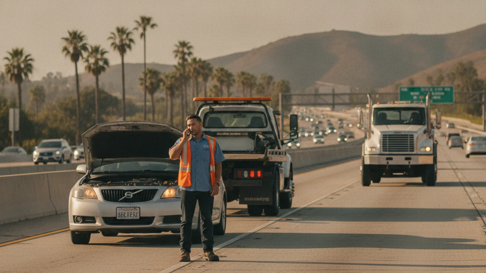 A driver on the shoulder of a San Diego freeway calling for roadside help next to a stopped car