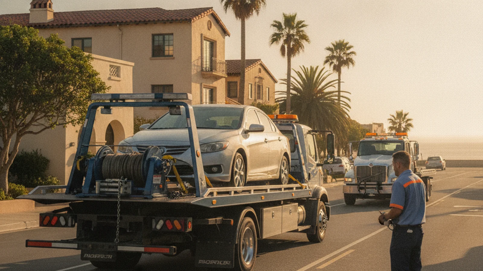 Tow truck loading a car on a San Diego street, representing the cost comparison between AAA membership and paying per tow