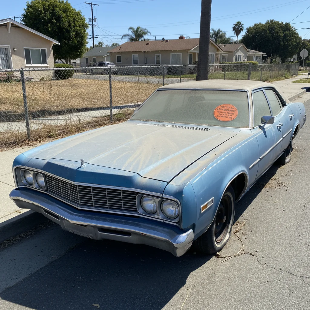 Dusty abandoned sedan parked along a residential curb in San Diego with a notice sticker on the windshield