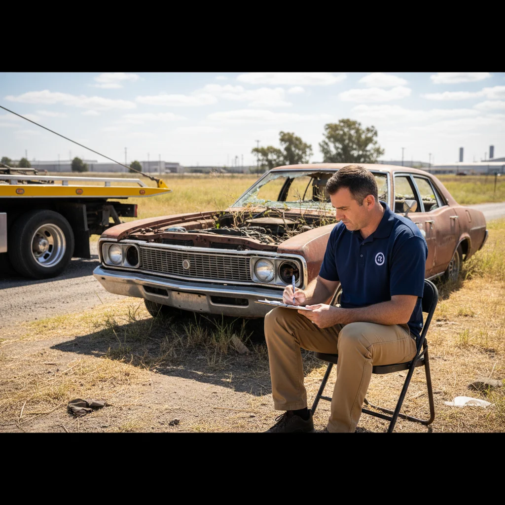 A property manager filling out paperwork next to an abandoned vehicle, tow truck