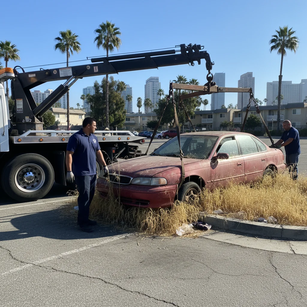 Tow truck loading an abandoned sedan from an apartment complex parking lot in San Diego