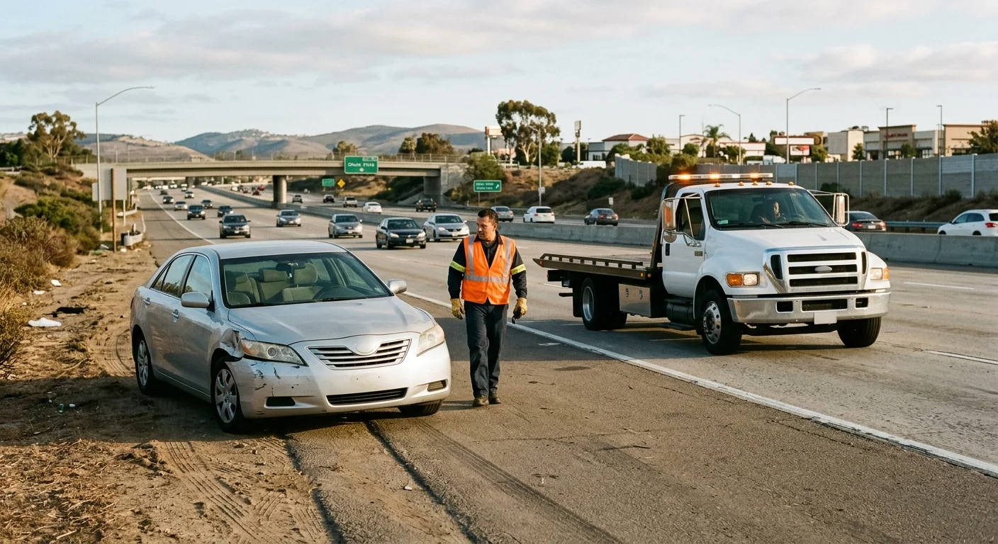 Damaged sedan near an I-805 exit in Chula Vista as a recovery vehicle approaches