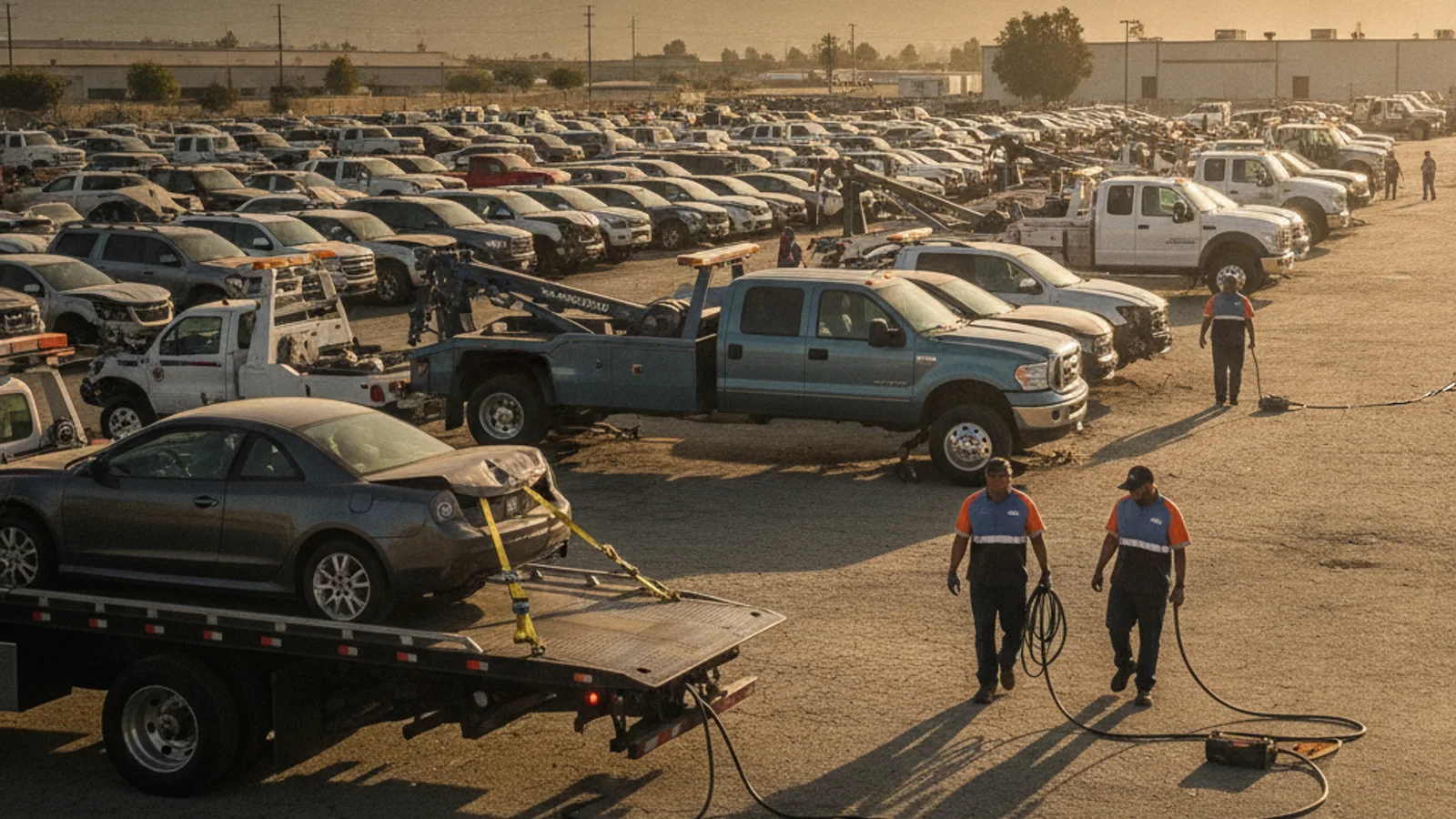 Rows of impounded vehicles in a San Diego storage yard
