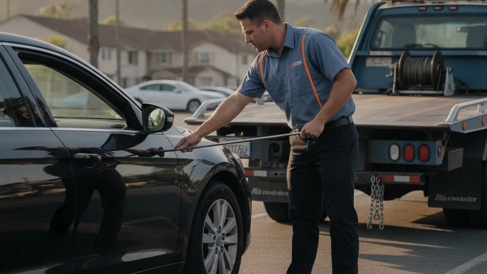 A roadside tech opening a locked car door with a wedge and reach tool in a San Diego parking lot.