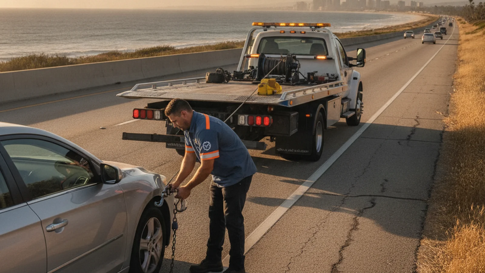 A roadside assistance truck pulled up behind a car with a flat tire on the shoulder of I-5 in San Diego, ocean visible in the background.
