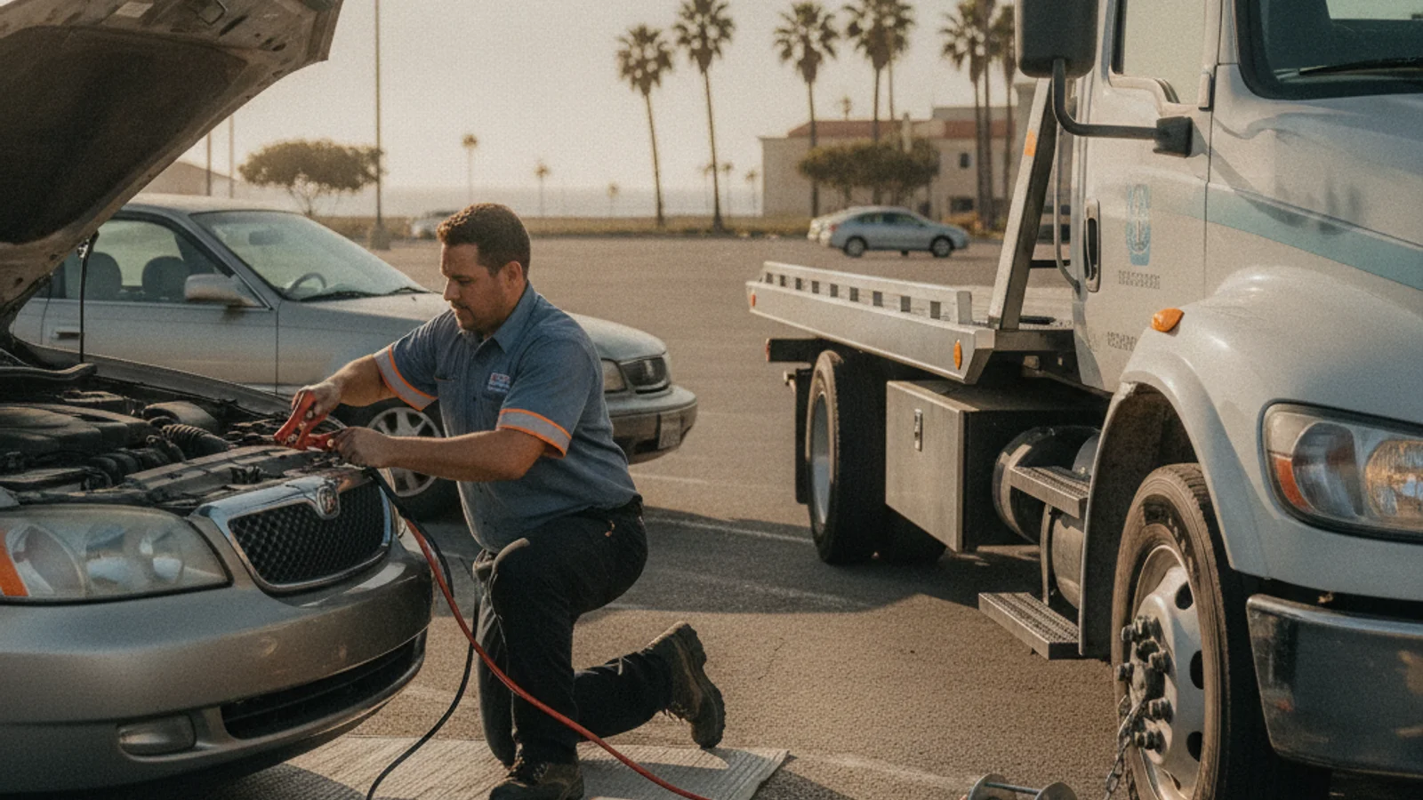 Mobile technician connecting a booster pack to a dead car battery in a San Diego parking lot