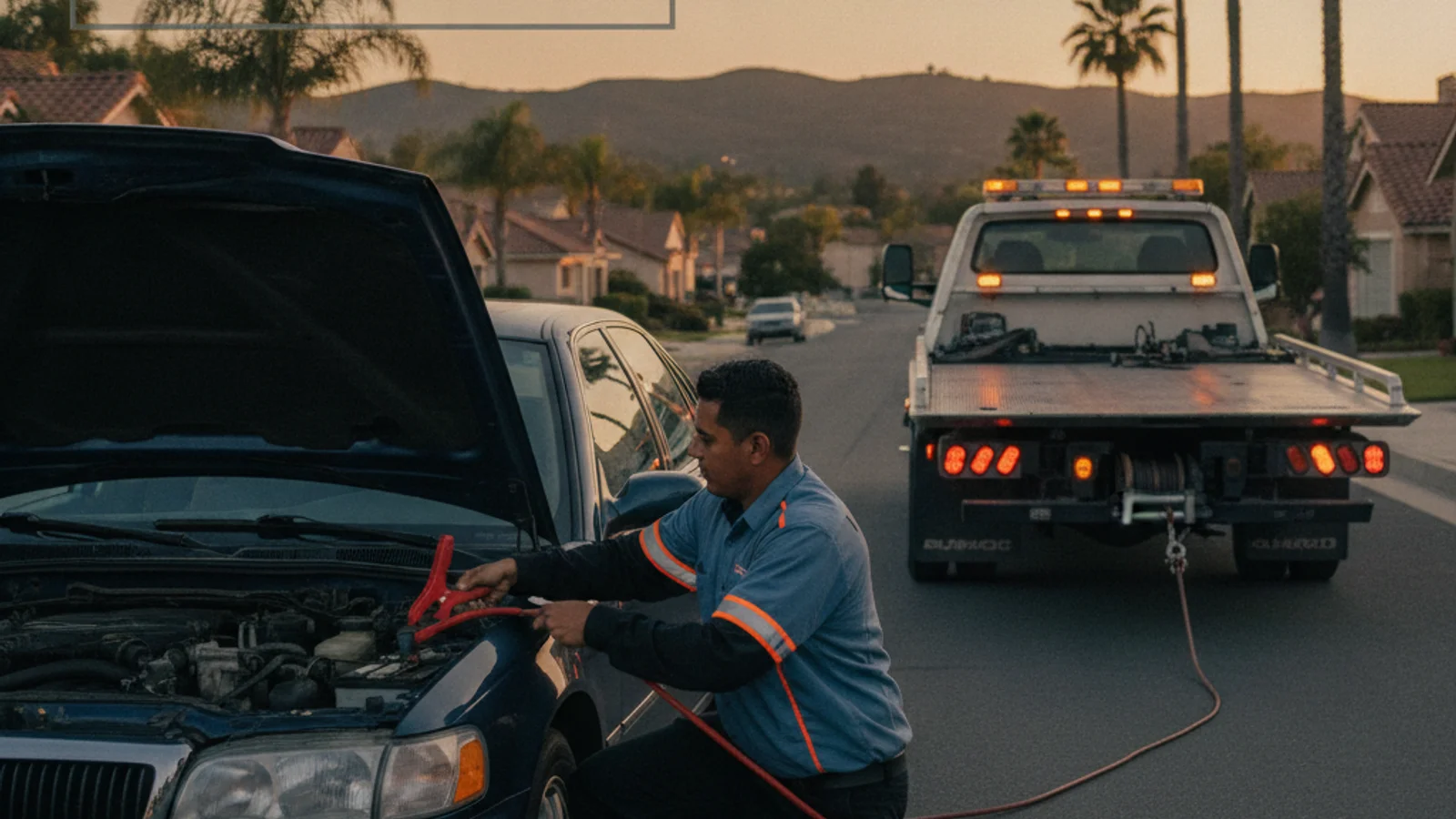 A roadside technician connecting jumper cables to a stalled car on a Poway street at dusk.