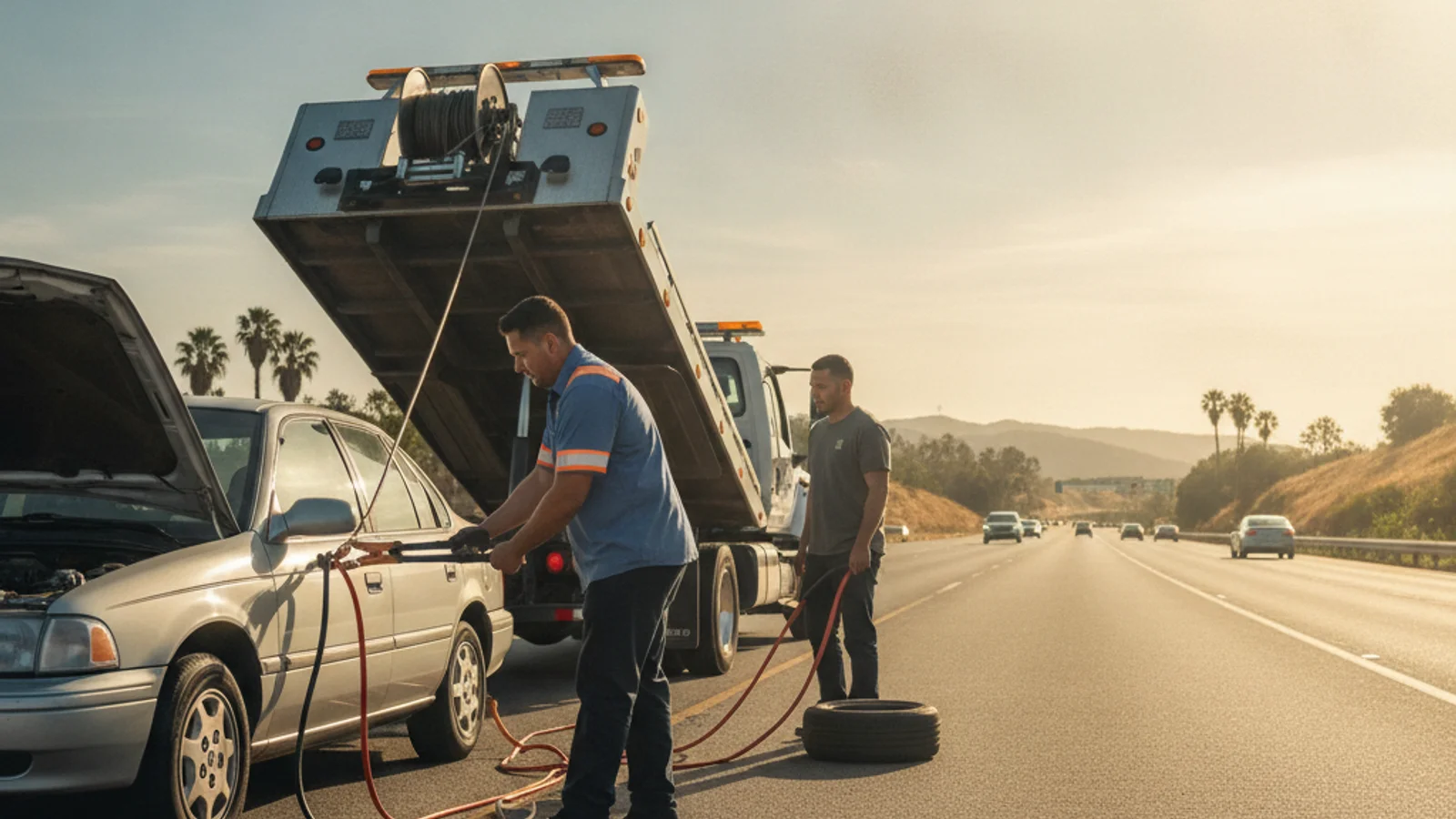 Roadside assistance technician helping a stranded driver on a San Diego County shoulder