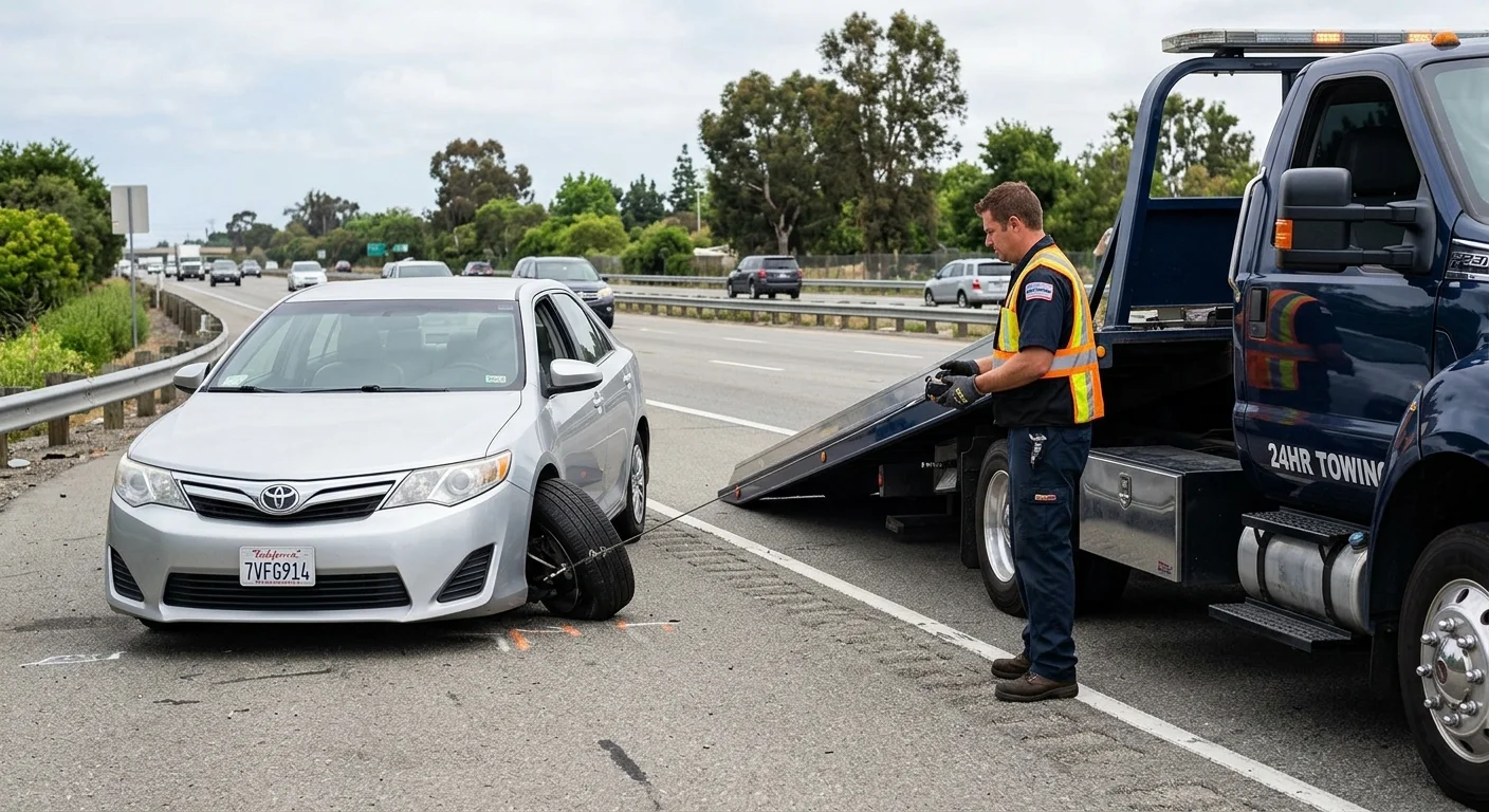 Disabled sedan with a misaligned wheel beside a flatbed tow truck