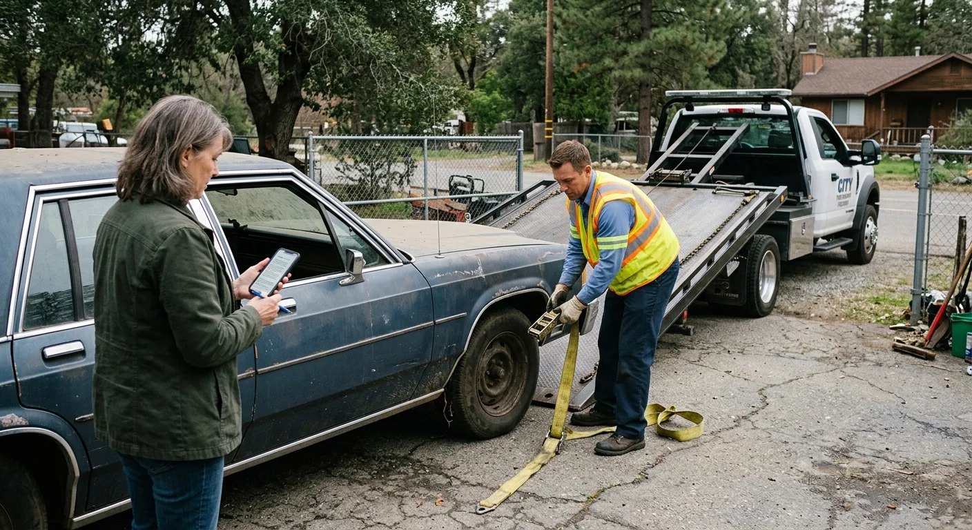 An owner reviews pickup terms beside a non-running older car