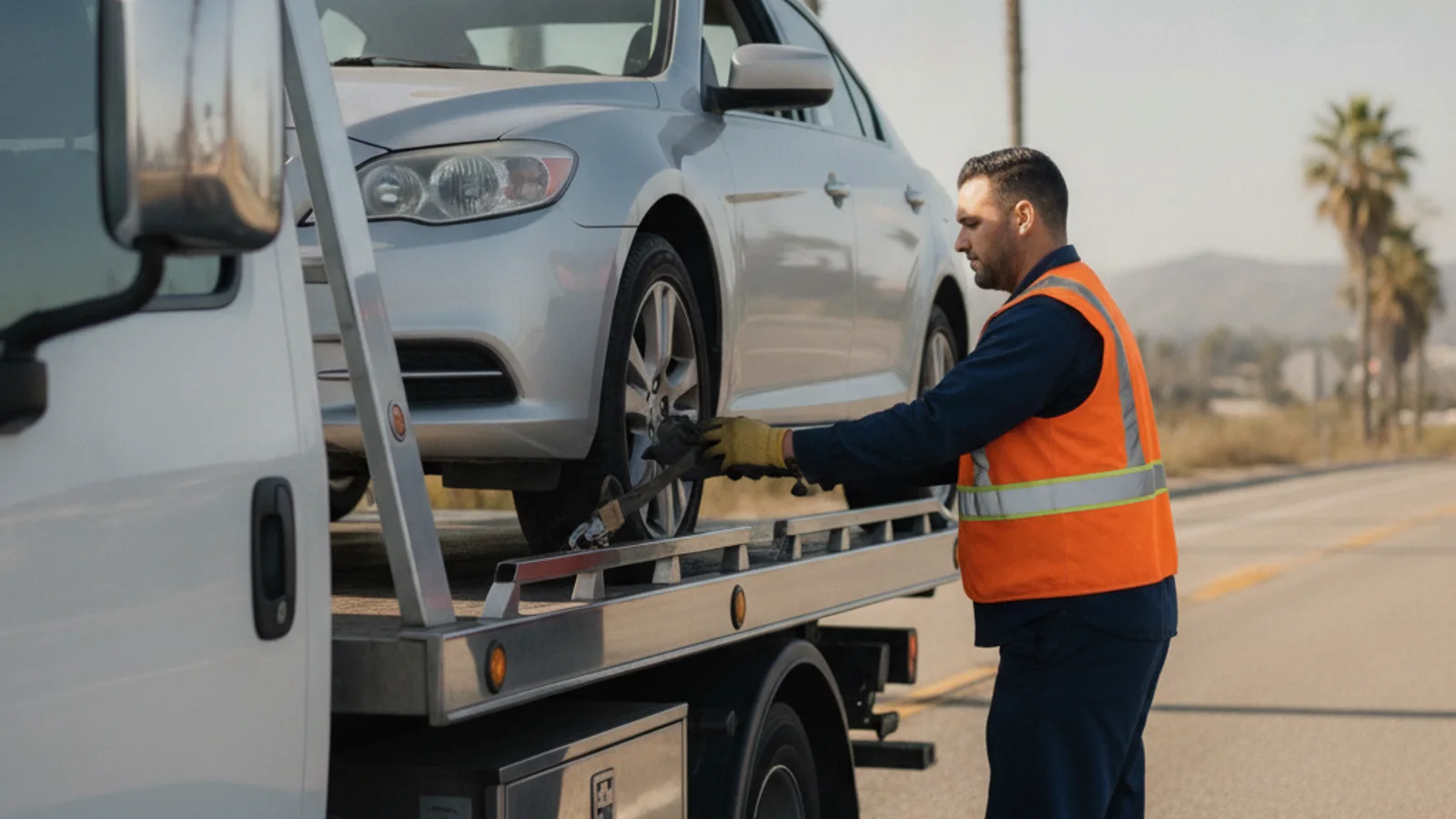A driver sitting in the driver's seat of a car with a tow truck's wheel-lift arm attached to the front