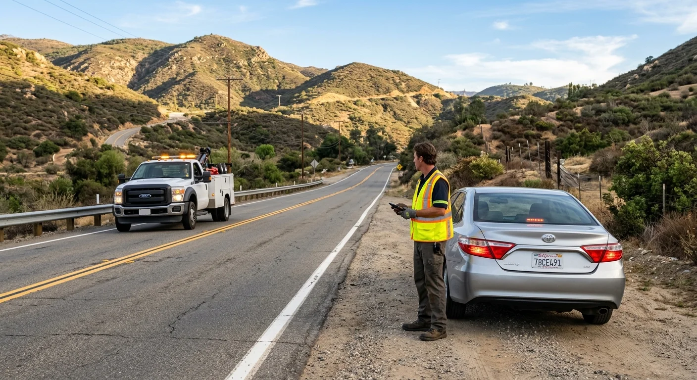 Disabled passenger car parked safely near an East County road in Lakeside, California