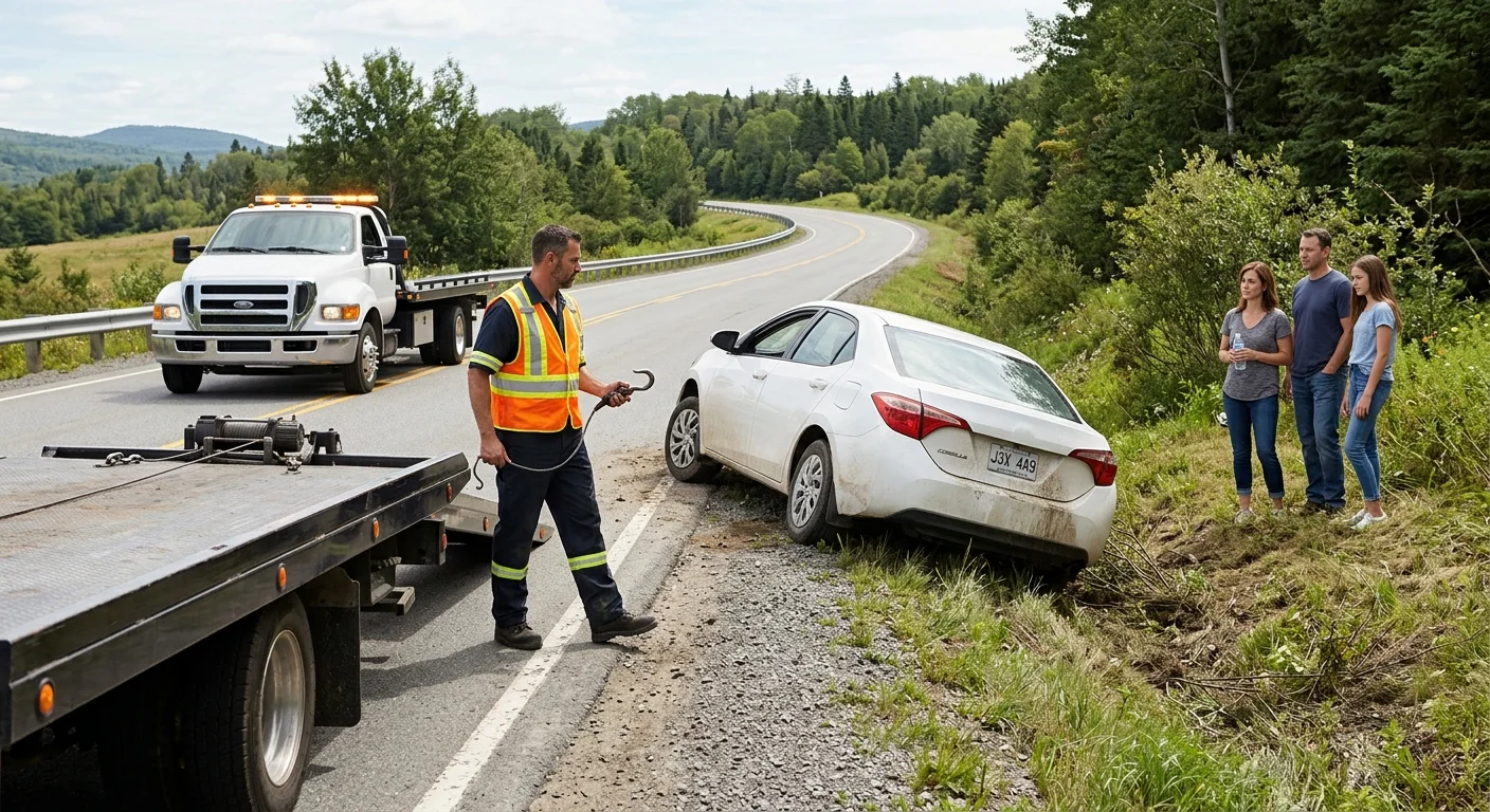 A passenger car off a paved road with its occupants waiting at a safe distance