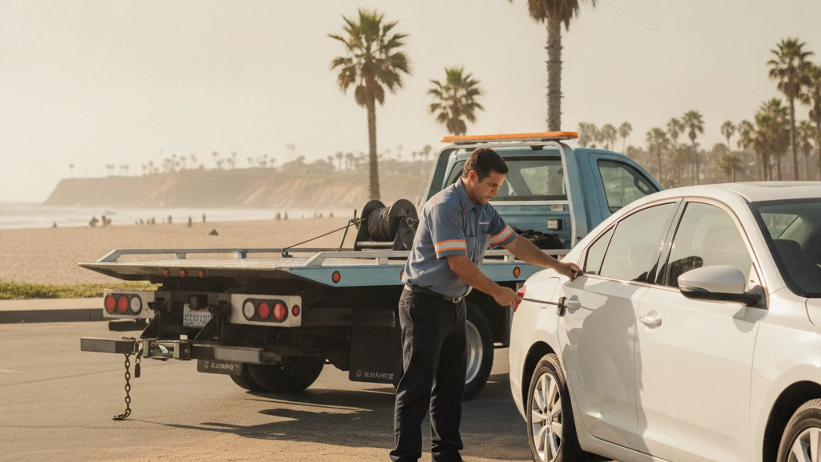 A roadside tech using a wedge and reach tool to unlock a car door in a San Diego beach parking lot.