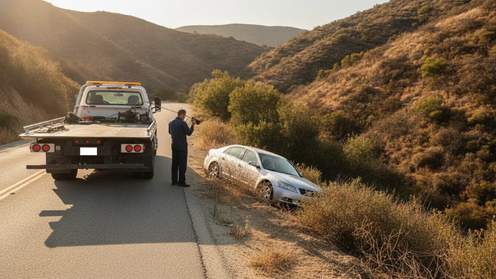 A tow operator pulls a winch cable toward a silver sedan stuck off the shoulder of a San Diego canyon road