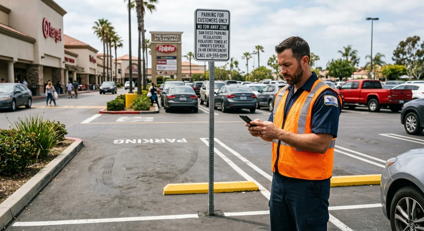 Driver checking towing information beside an empty San Diego shopping center parking space