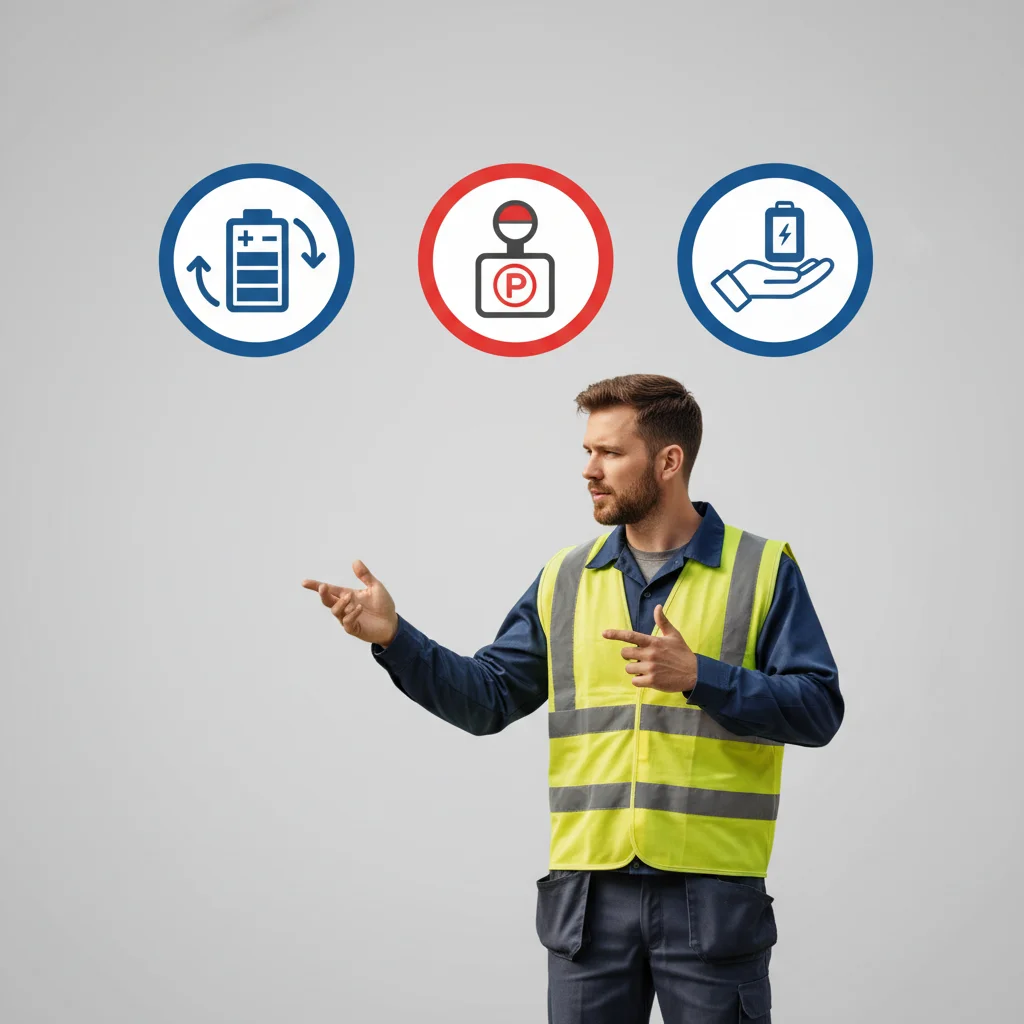 A simple graphic showing the three things to check: Battery (icon), Gear Shifter (P icon), and Key Fob (icon with battery symbol).