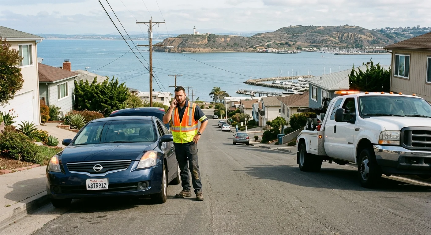 Driver calling for help beside a car that will not start on a steep Point Loma street