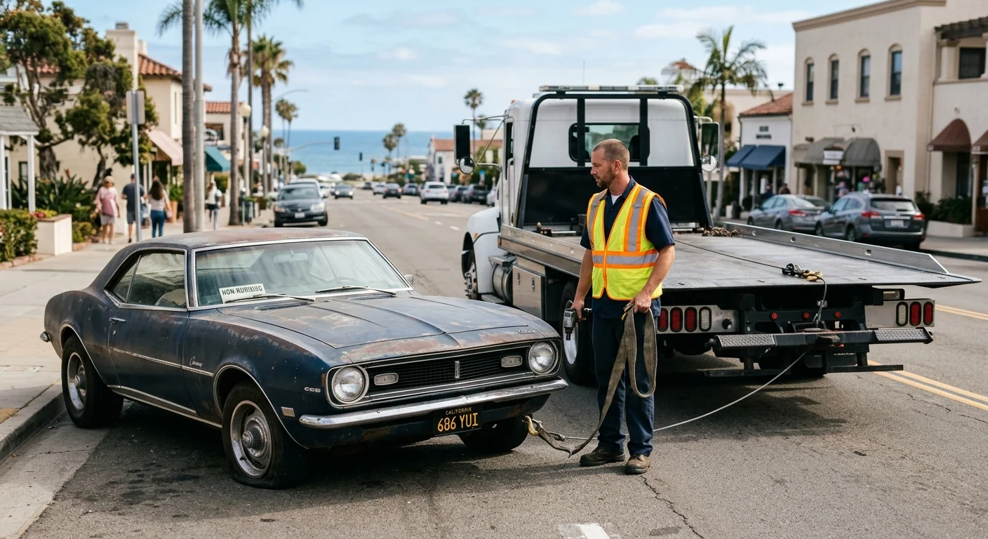 Non-running vintage coupe with a flatbed tow truck in Carlsbad