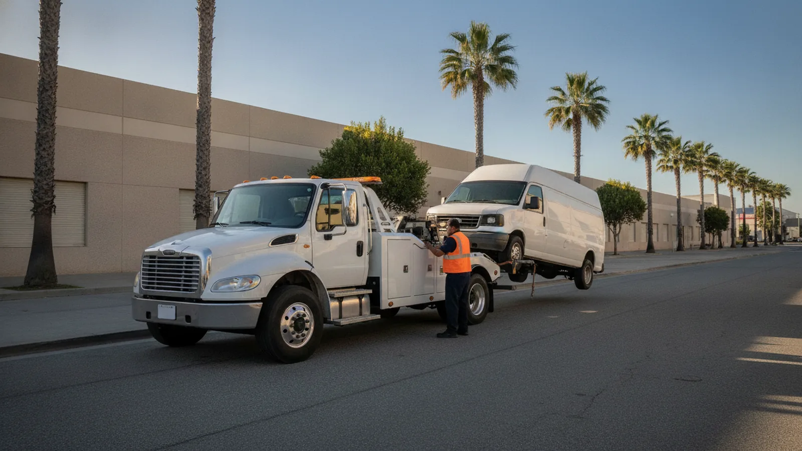 A wrecker lifts a white work van outside a row of warehouses on a San Diego industrial street
