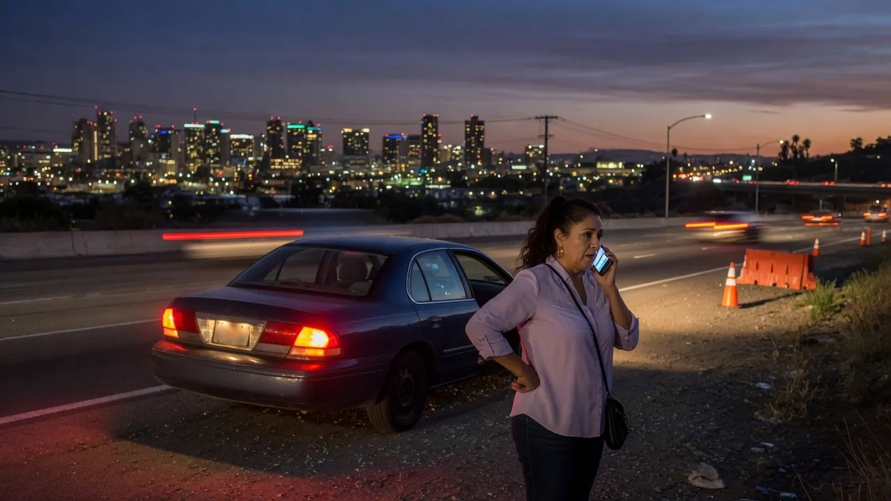 Driver beside a stalled sedan on a San Diego shoulder, on the phone at dusk
