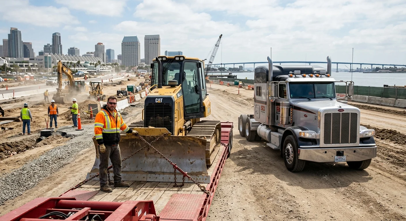 A heavy-duty flatbed (lowboy) truck with a small bulldozer securely chained down