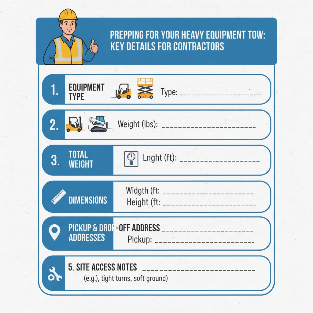 An infographic listing the key details contractors should prepare when requesting heavy equipment towing services, including equipment type, weight, dimensions, and site access information.