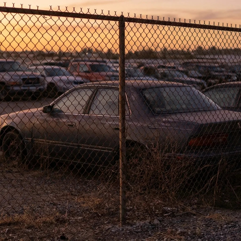 Impound lot gate with a row of towed cars parked behind chain-link fencing in San Diego