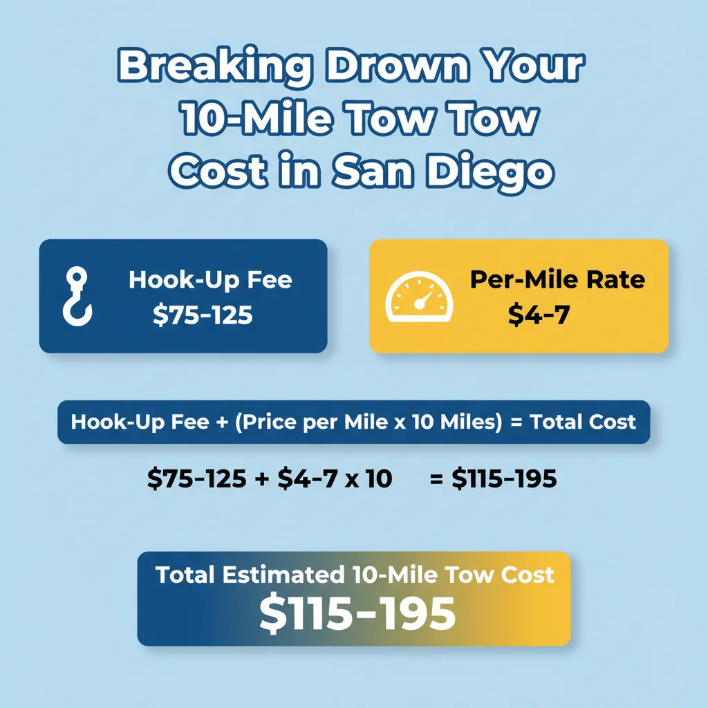 Infografía ilustrando el cálculo para una grúa de 10 millas en San Diego: cuota de gancho más 10 millas multiplicado por la tarifa por milla igual costo total