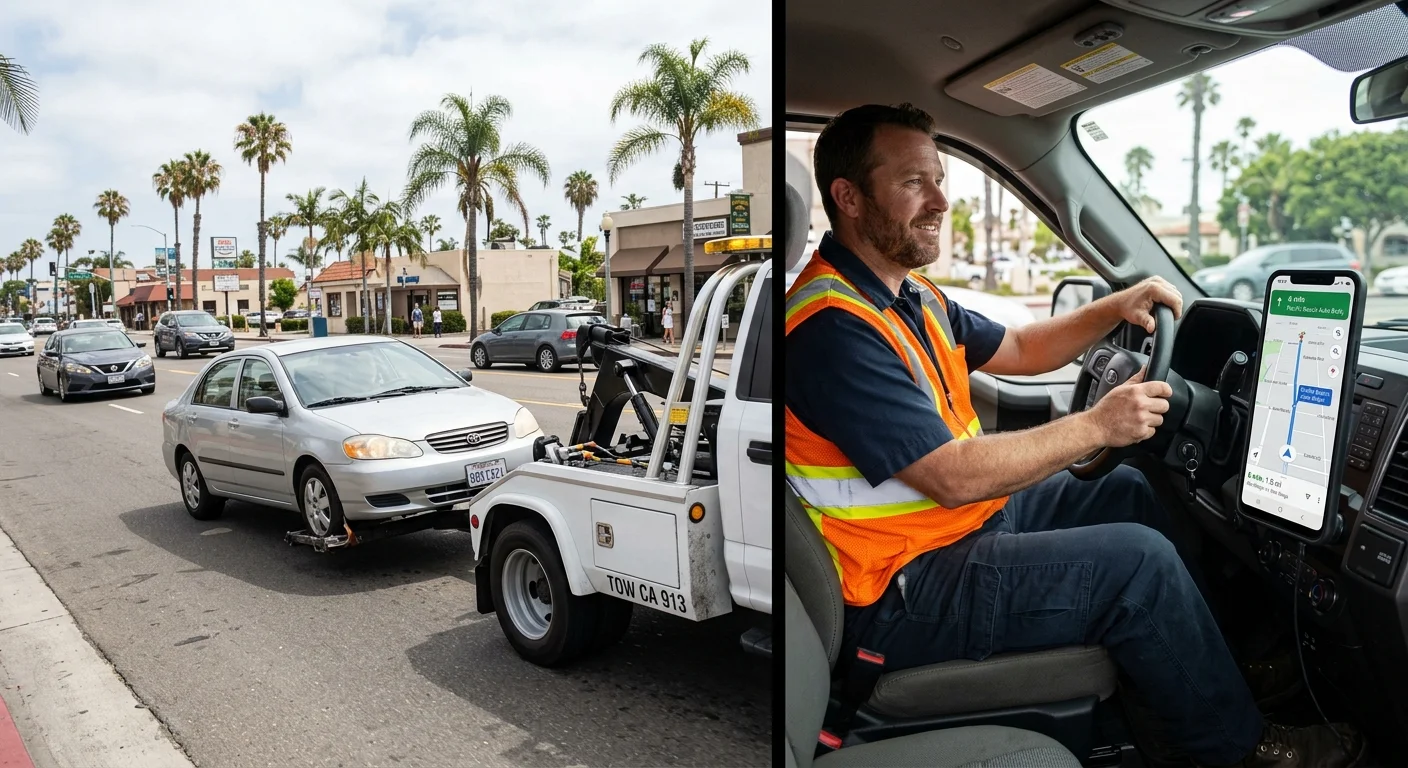 Unbranded wheel-lift truck moving a passenger car a short distance on a San Diego street