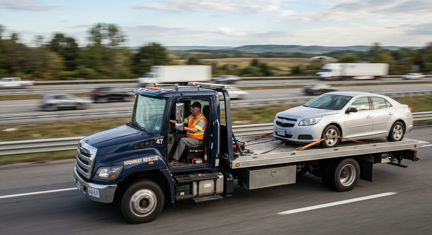 A tow truck on a highway, viewed from the side, with motion blur in the backgrou