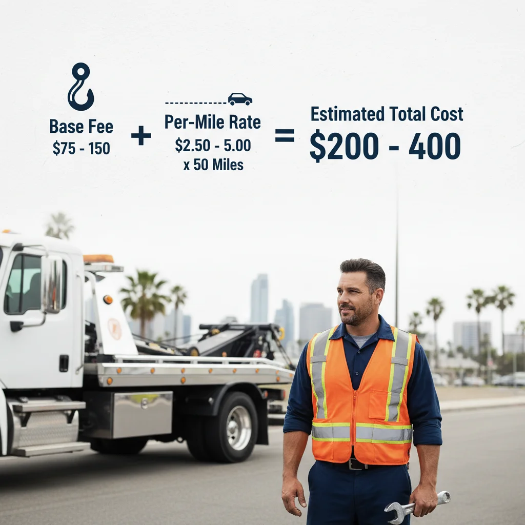 Infografía que muestra una fórmula típica de costo de remolque de auto por 50 millas: tarifa base más tarifa por milla multiplicada por 50 millas, resultando en un costo total estimado.