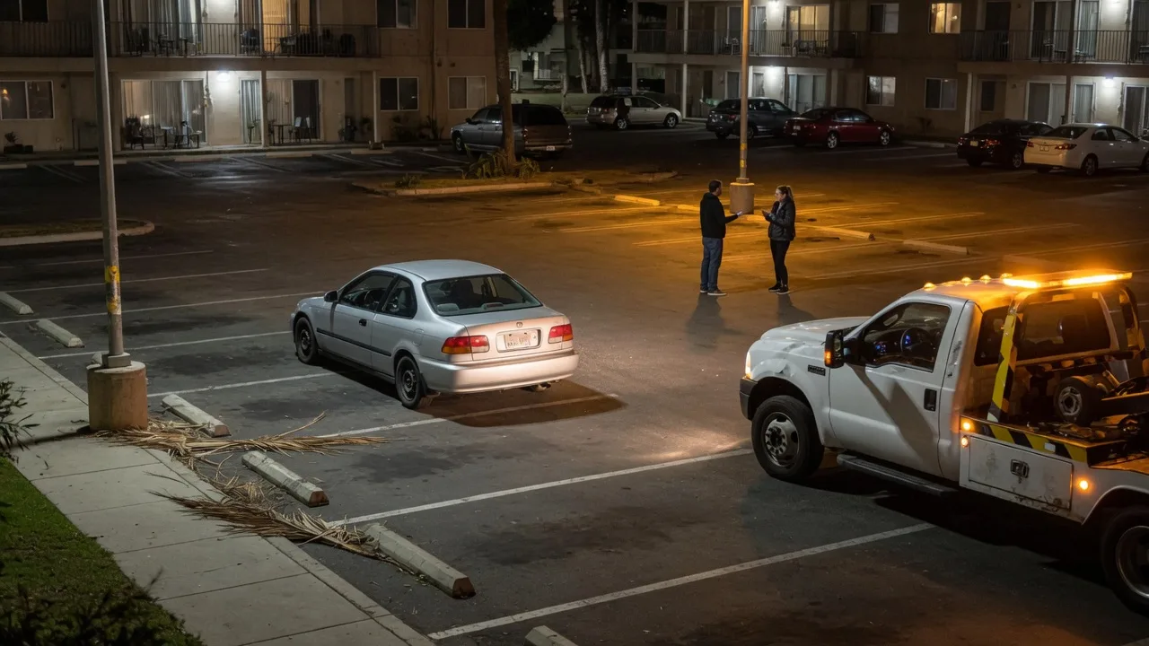 Homeowner reviewing towing terms beside an unfamiliar car in a driveway