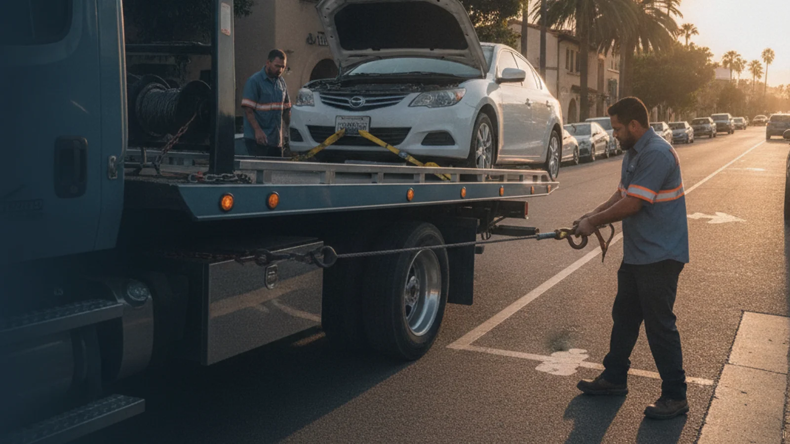 A tow truck hooking up a car on a San Diego street after a breakdown