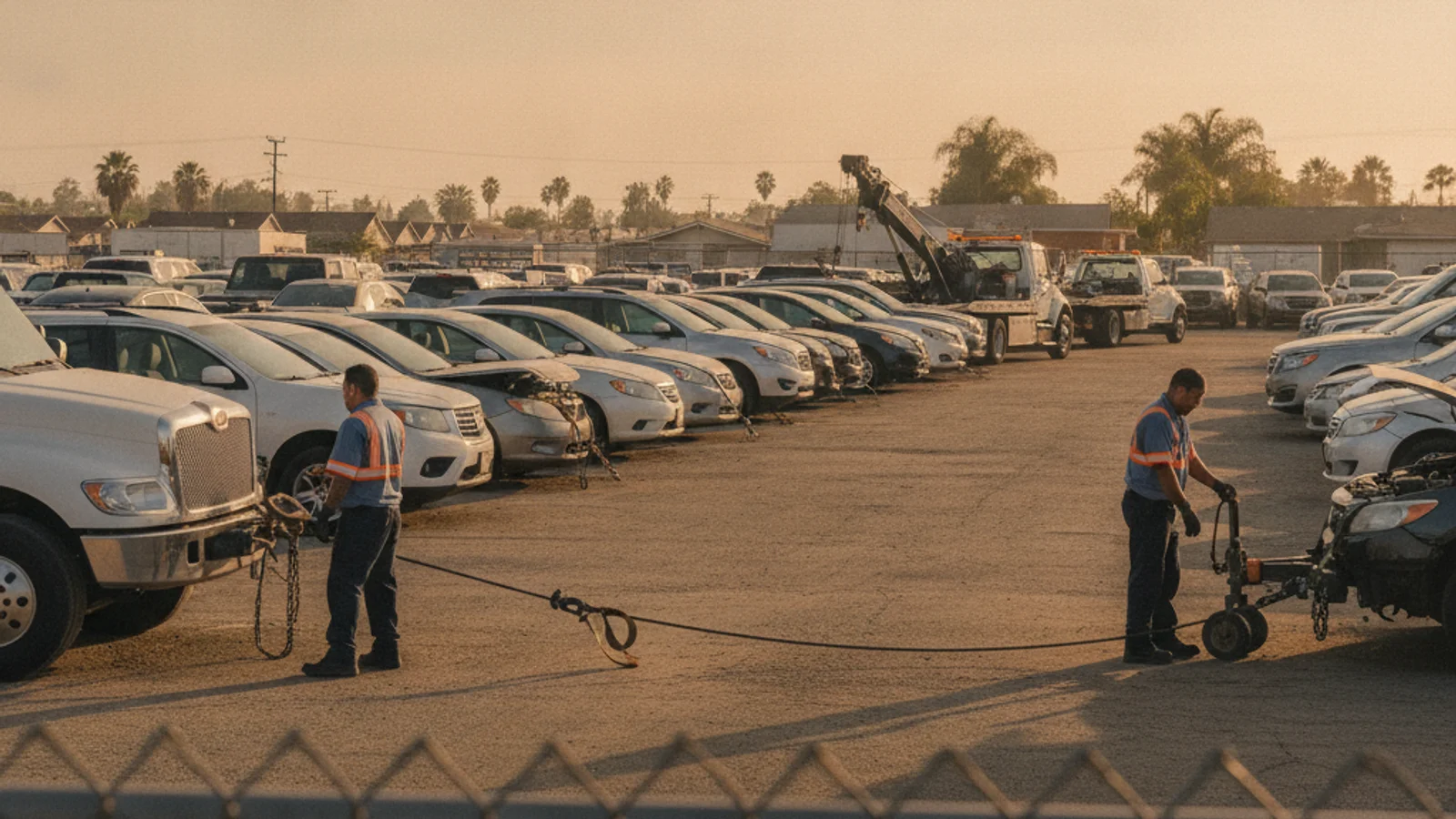 Row of impounded cars behind a chain-link fence at a San Diego tow yard
