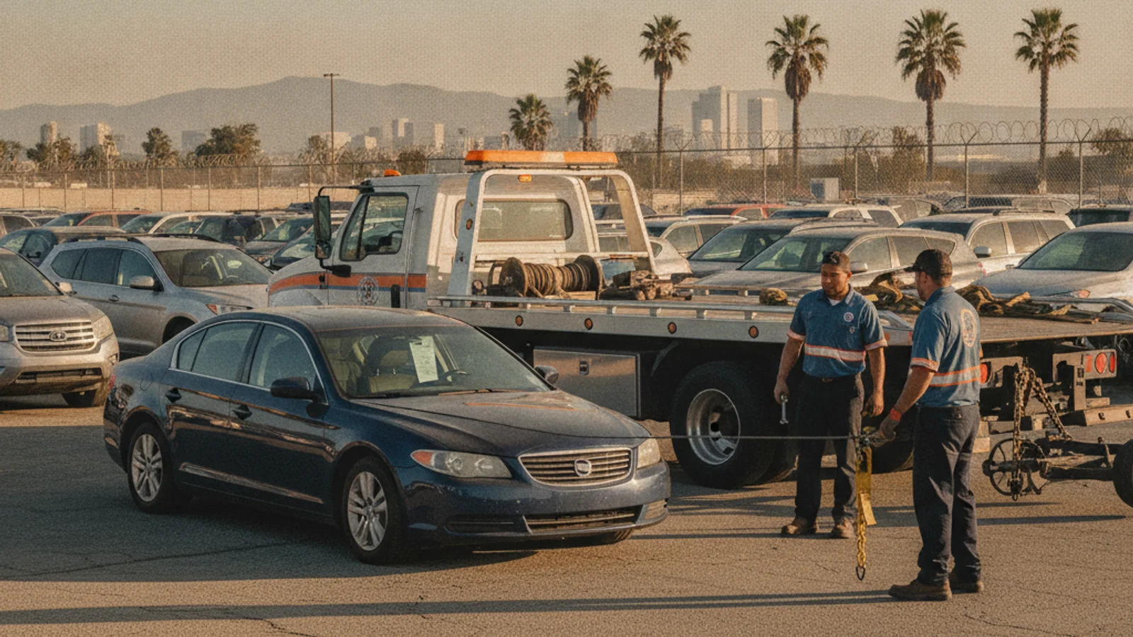 Car impounded after a DUI arrest sitting in a San Diego tow yard