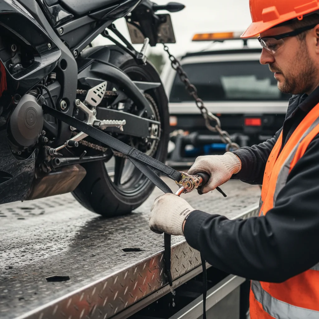 A close-up of soft straps being used on the handlebars of a motorcycle, highlighting the damage-free technique.
