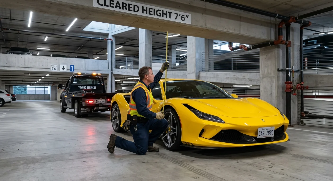 Low-clearance exotic car stopped in a San Diego parking garage during a pickup check