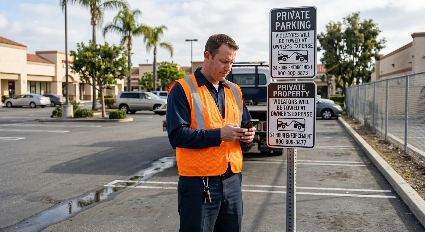Driver in a Chula Vista parking lot checking a phone beside private-property tow signs