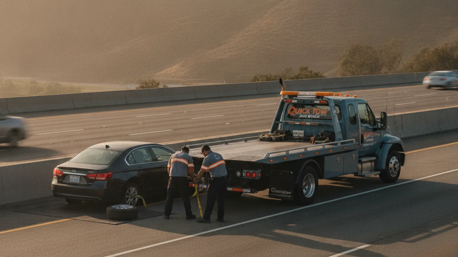 A Quick Tow San Diego roadside truck parked behind a sedan with a flat tire on the shoulder of I-5, marine layer over the hills in the background.