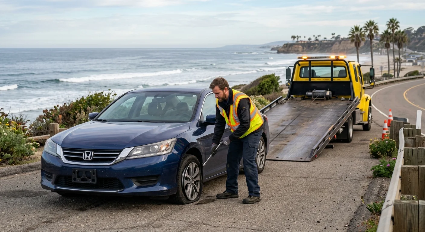 Sedan with wheel damage beside a flatbed tow truck in Oceanside