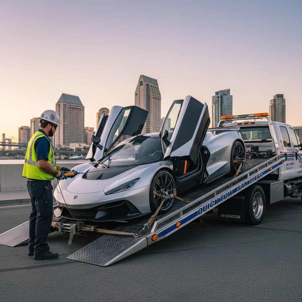 A modern sports car being loaded onto a Quick Tow San Diego flatbed truck with the city skyline behind it.