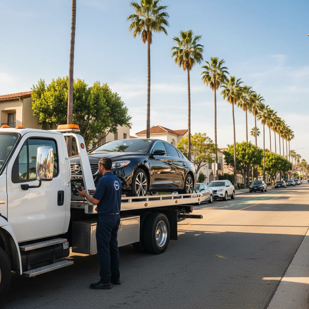 White flatbed tow truck loading a sedan on a sunny San Diego street with palm trees in the background