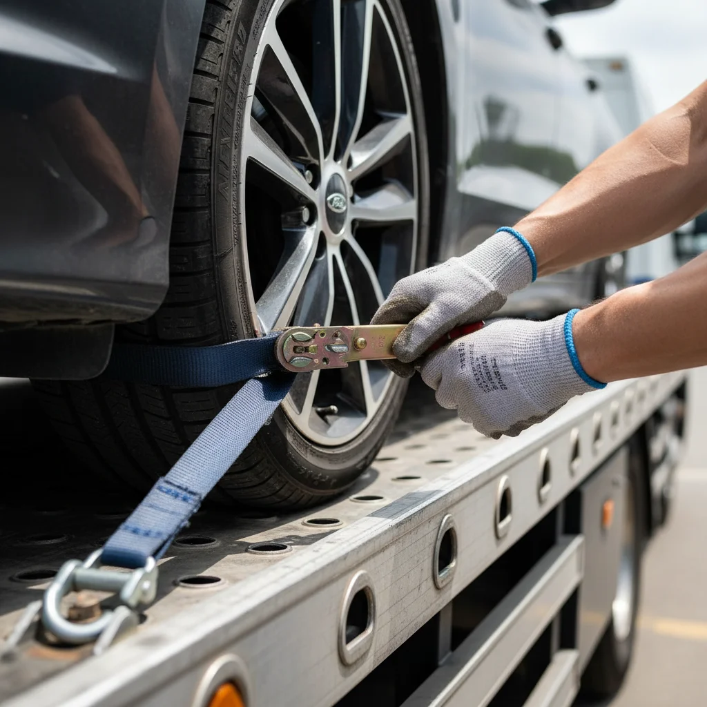 Close-up of a car being secured with straps onto a flatbed tow bed, hands tightening ratchet strap