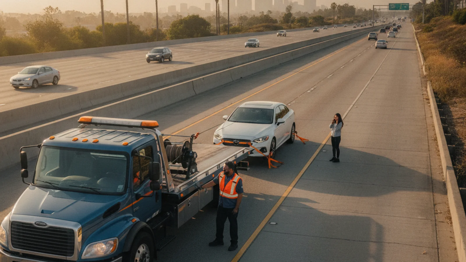 A roadside assistance tow truck helping a stranded driver on a San Diego freeway shoulder